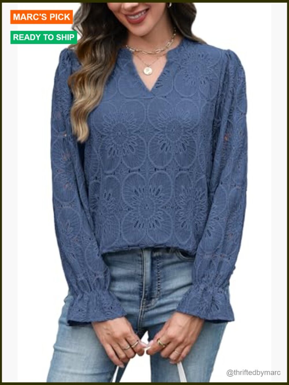 V Neck Eyelet Lace Blouse with Lining Long Sleeve Sheer Embroidery - Picture 2 of 7